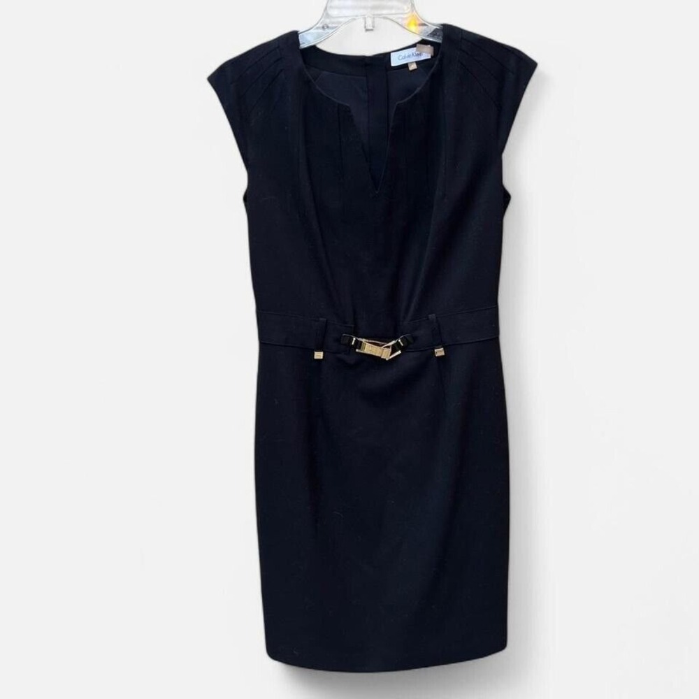 Calvin Klein classic‎ black pencil  dress gold belt sleeveless business workwear